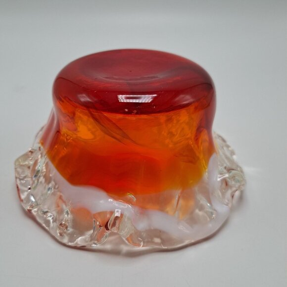 Art Glass Crimped Ruffled Edge Red Orange Clear Bowl Ashtray - Picture 6 of 6